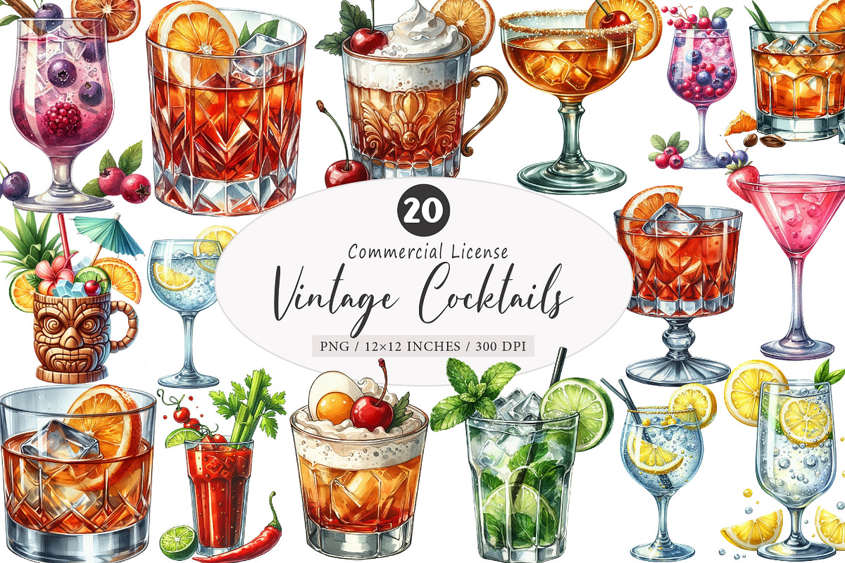 Vintage Cocktails Clipart, an Illustration by SinaCreation (Photo 1 of 5)