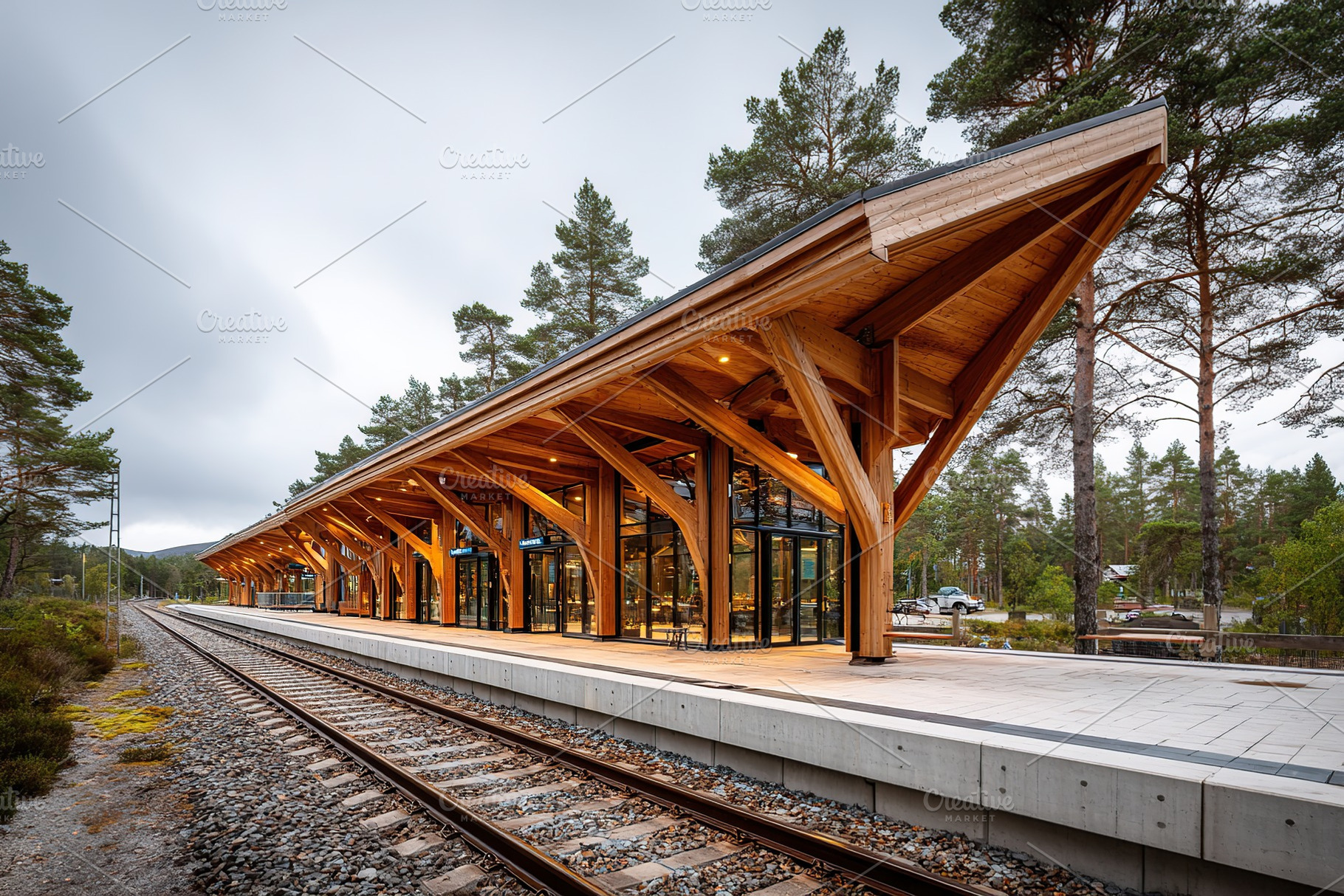 Modern wooden train station in a forested area with rail tracks under cloudy sk, a Photo by AlyaAnd