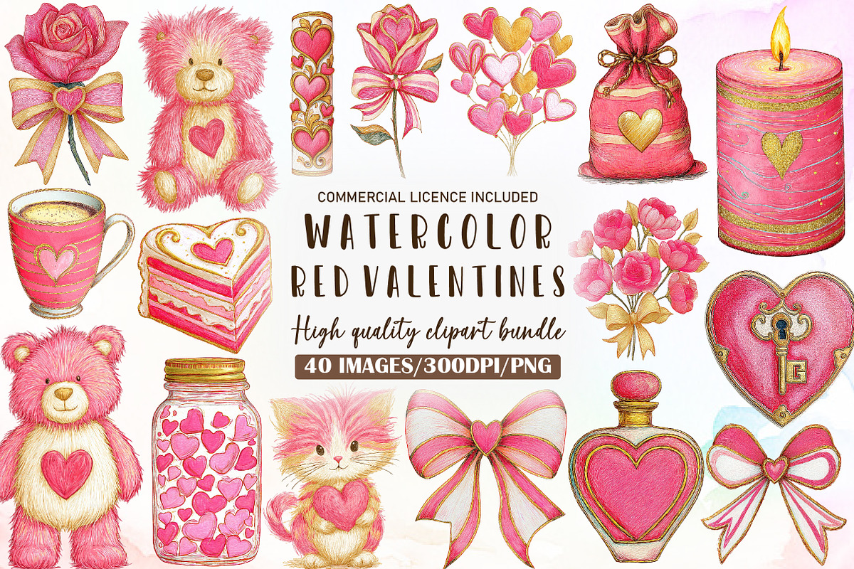 Watercolor Red Valentines Clipart PN, an Illustration by Sublimation Artist (Photo 1 of 6)