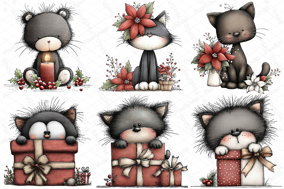 Whimsical Christmas Black Cat Clipar, an Illustration by DreamPrint404 (Photo 4 of 6)