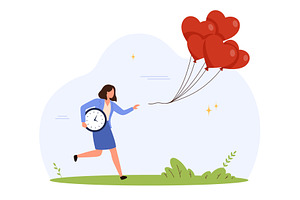 Businesswoman chasing love and time, a Person Illustration by Flashvector
