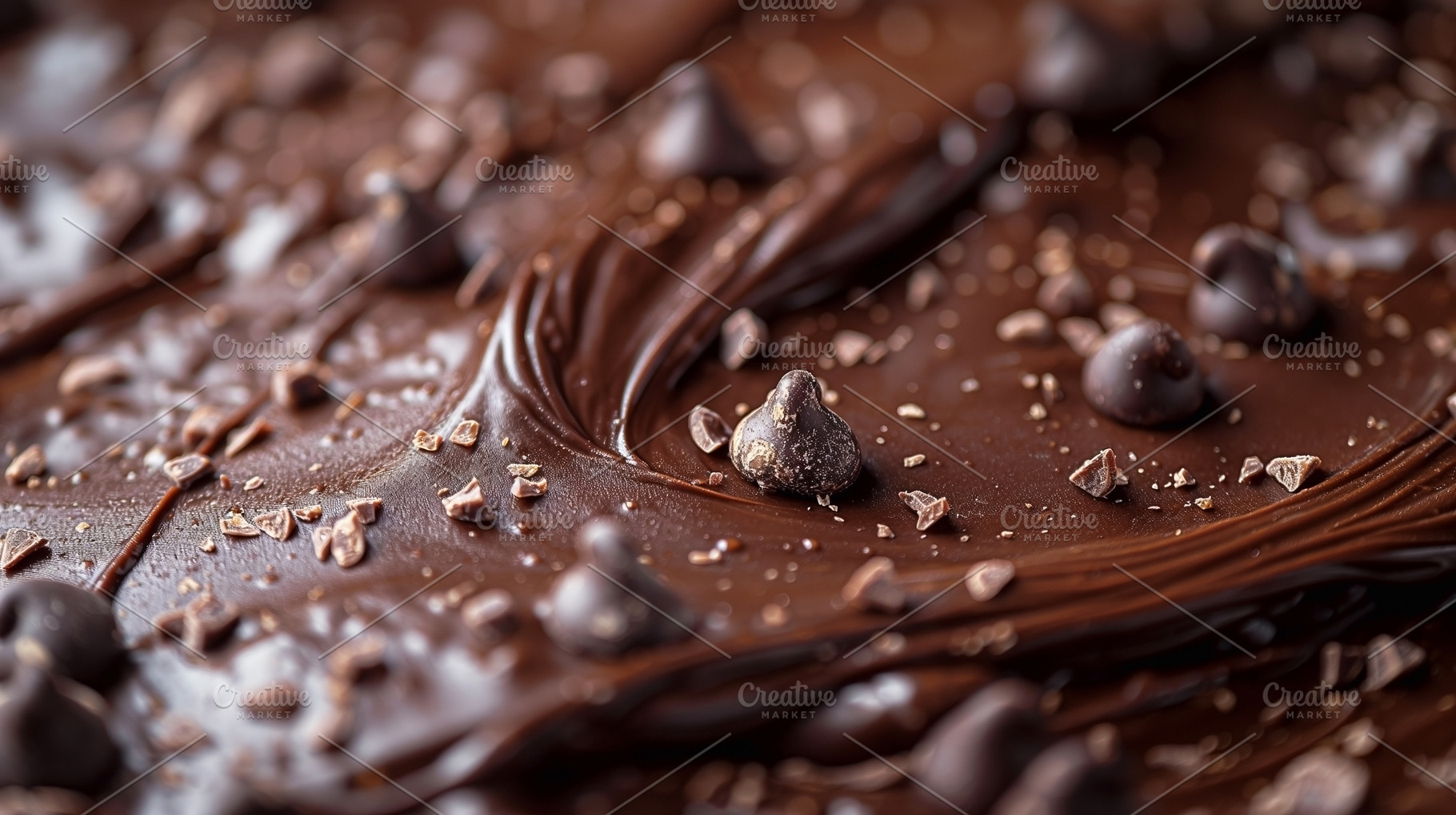 Close-up of rich chocolate frosting adorned with chocolate chips, a Food & Drink Photo by ImageMir