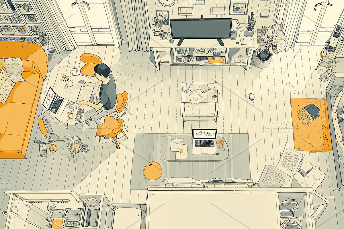 Modern apartment interior with people multitasking and doing activities, an Illustration by AS photostudio