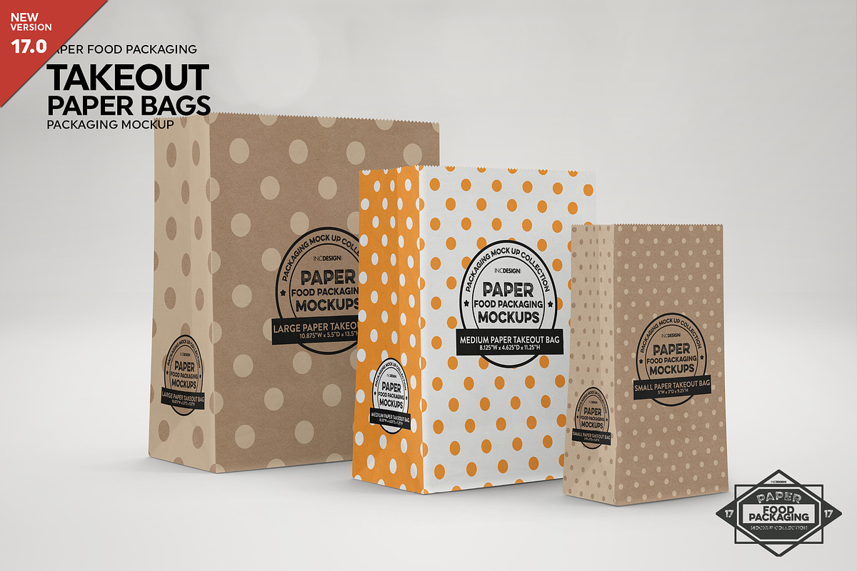 Paper Takeout Bags 3 Sizes Mockup, a Packaging Mockup by INCDesign (Photo 1 of 7)