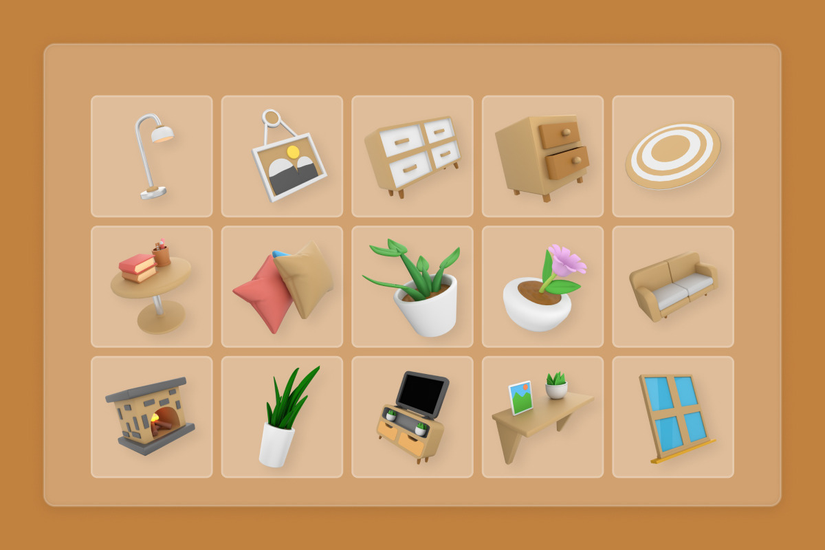 Cozy Living Room 3D Interior Icons, a Work Illustration by twinstd (Photo 6 of 6)