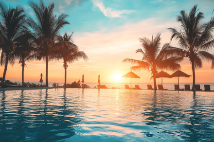 Serene Infinity Pool Overlooking Ocean at Sunset, an Abstract Photo by Natalia Klenova's Shop