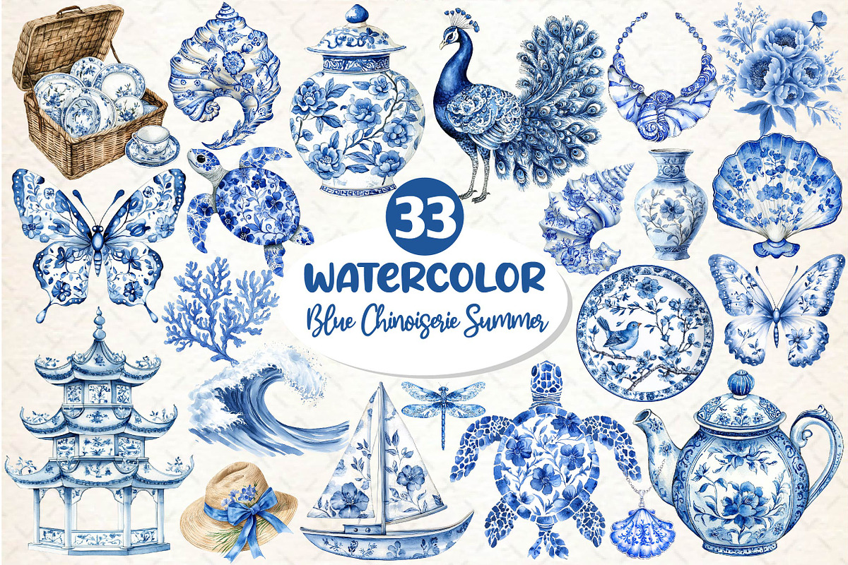 Blue Chinoiserie Summer Clipart, an Illustration by Dream Creation (Photo 1 of 6)