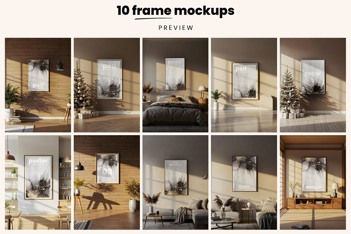 10 Poster Frames Mockups Scenes, an Advertising Mockup by PixelsDesign (Photo 2 of 3)