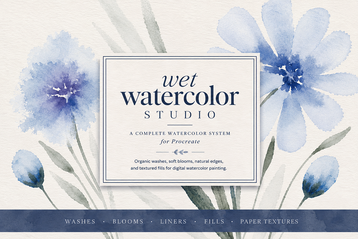 Wet Watercolor Brushes for Procreate, a Brush Add-On by Fins and Fiction (Photo 1 of 8)