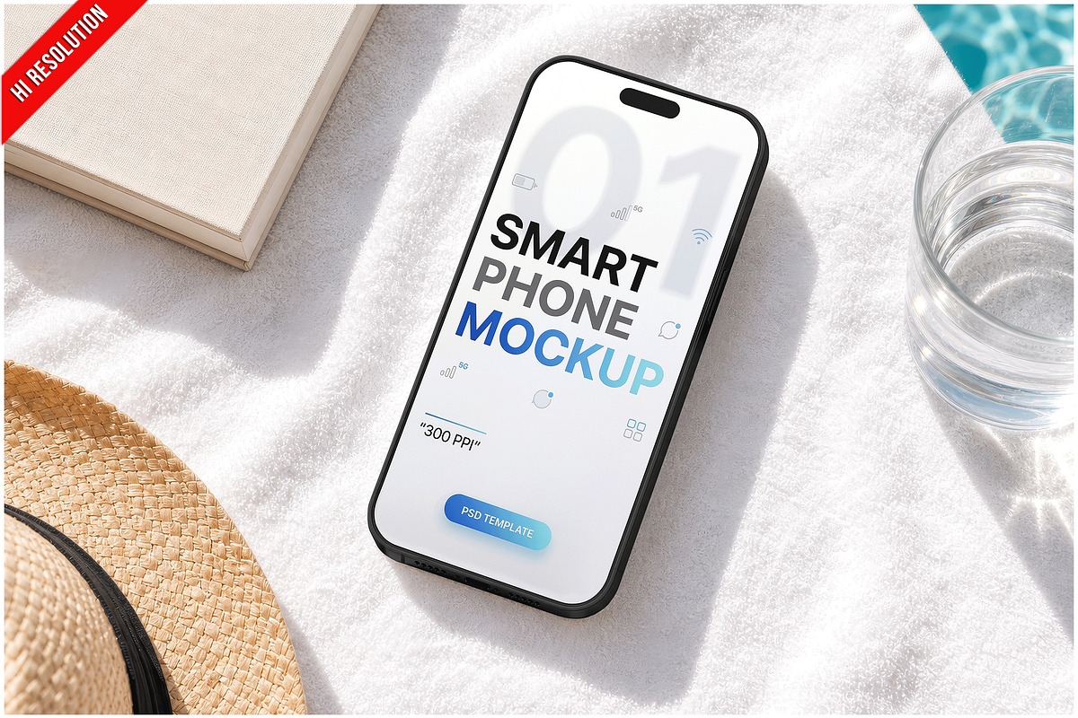 Smartphone Summer Flatlay PSD, an iPhone Mockup by Bruno's Shop (Photo 1 of 3)