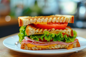 Toast sandwich with cheese, turkey ham, tomato and fresh lettuce on wooden tabl, a Food & Drink Photo by AlyaAnd