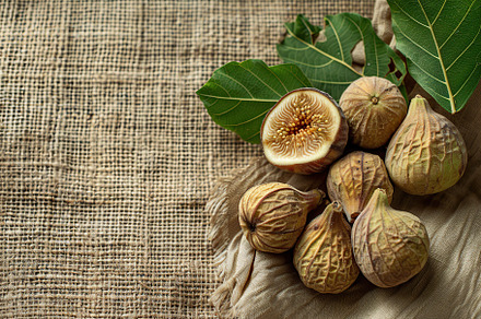 Dried figs fruit with green leafs on sackcloth background, a Food & Drink Photo by AlyaAnd