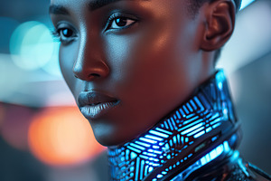Young African woman in futuristic style with unique accessories in vibrant urba, a Person Photo by AlyaAnd