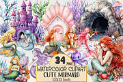 Watercolor Cute Mermaid Clipart, a Seasonal Illustration by Rose Art (Thumbnail 1 of 4)