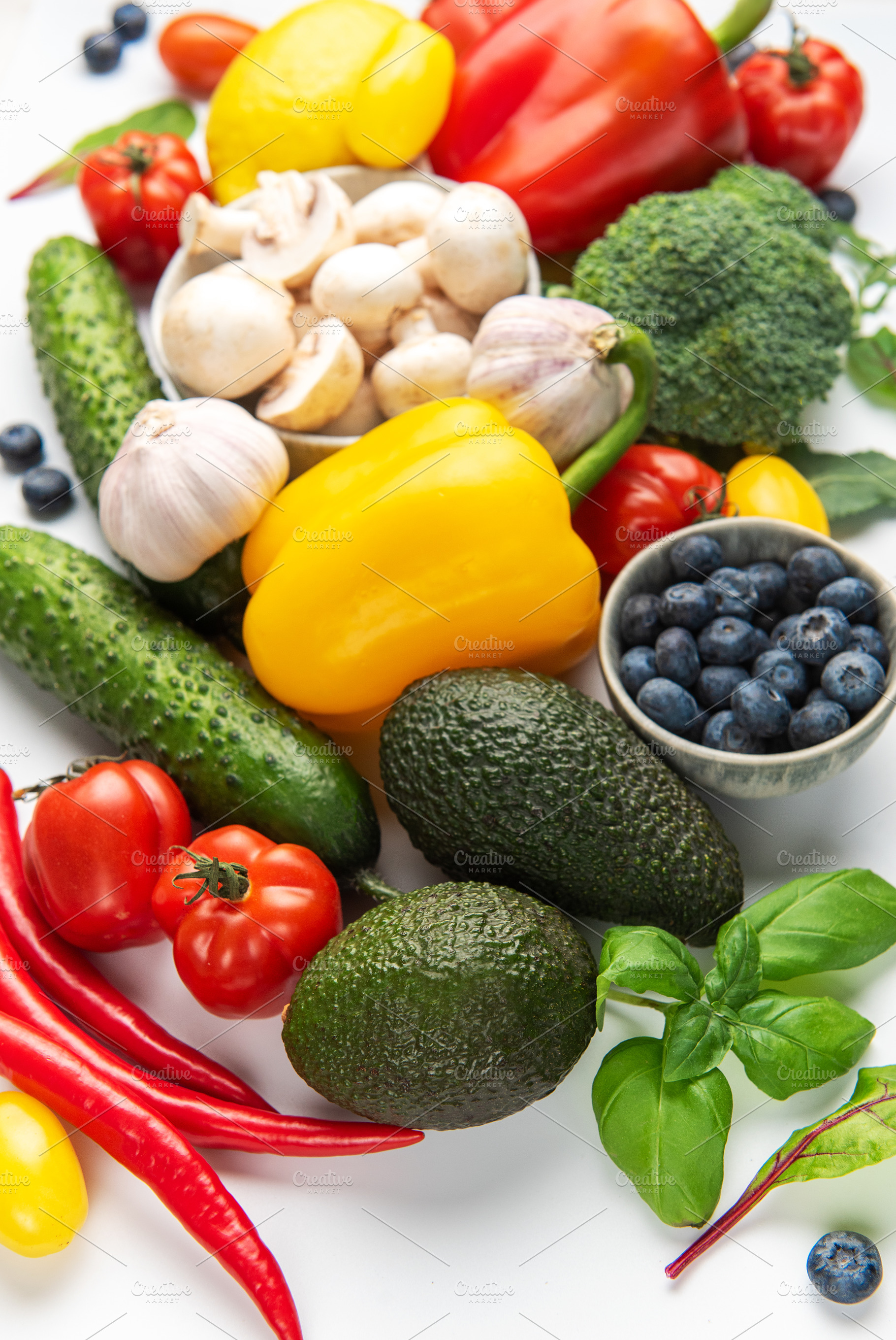 Fresh organic vegetables and fruit creating healthy food backgro, a Food & Drink Photo by Olena Rudo