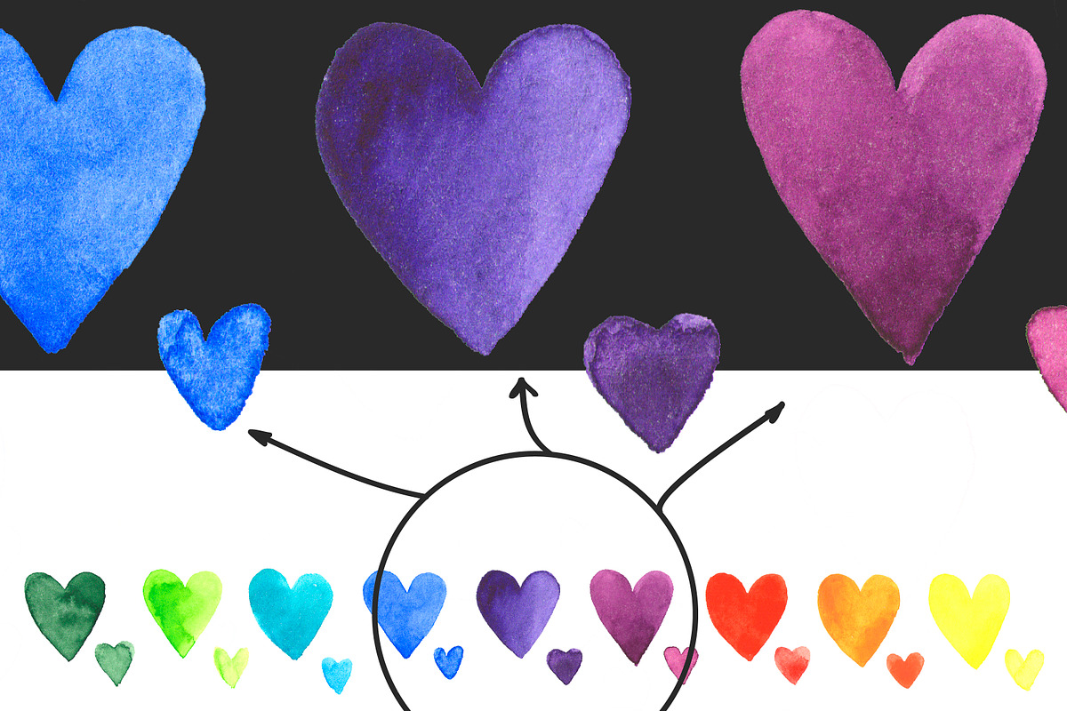 90 colorful watercolor hearts, an Object Graphic by Olga Bonitas (Photo 4 of 4)