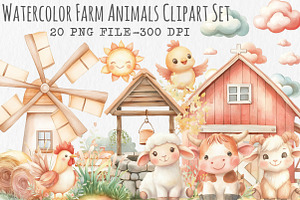 Watercolor Farm Animals Clipart Set, an Illustration by Libby Wishes