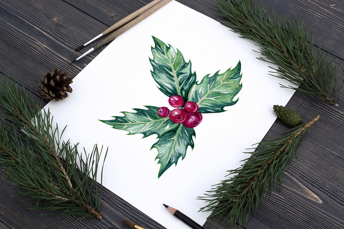 Watercolor Holly Illustrations, a Decorative Illustration by Olga Olmix (Photo 5 of 5)