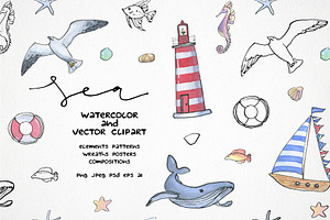 Watercolor Sea Clipart, Nautical Set