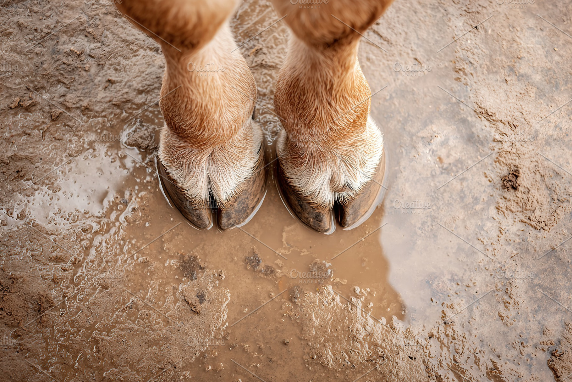Horse hooves standing in muddy ground after rainfall in rural area, an Animal Photo by AlyaAnd