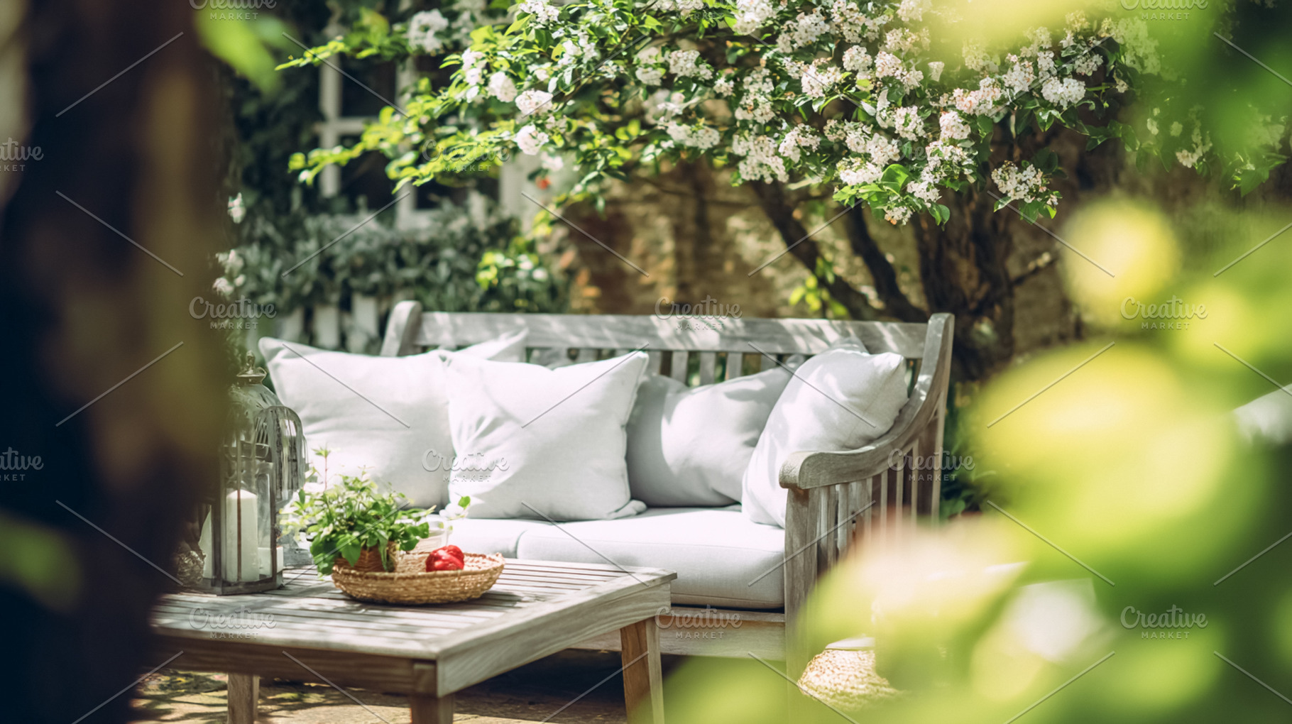 Garden sofa and wooden coffee table on a peaceful patio, enjoyin, a Photo by Studio ANNA