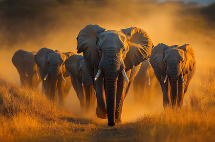 Elephant Herd in Golden Light, an Animal Photo by Pixeness