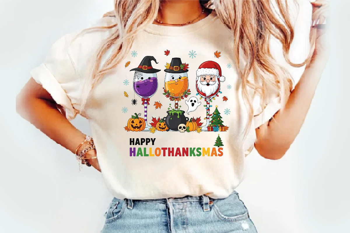 Happy HalloThanksMas Wine Shirt, an Illustration by Watercolor design (Photo 4 of 6)