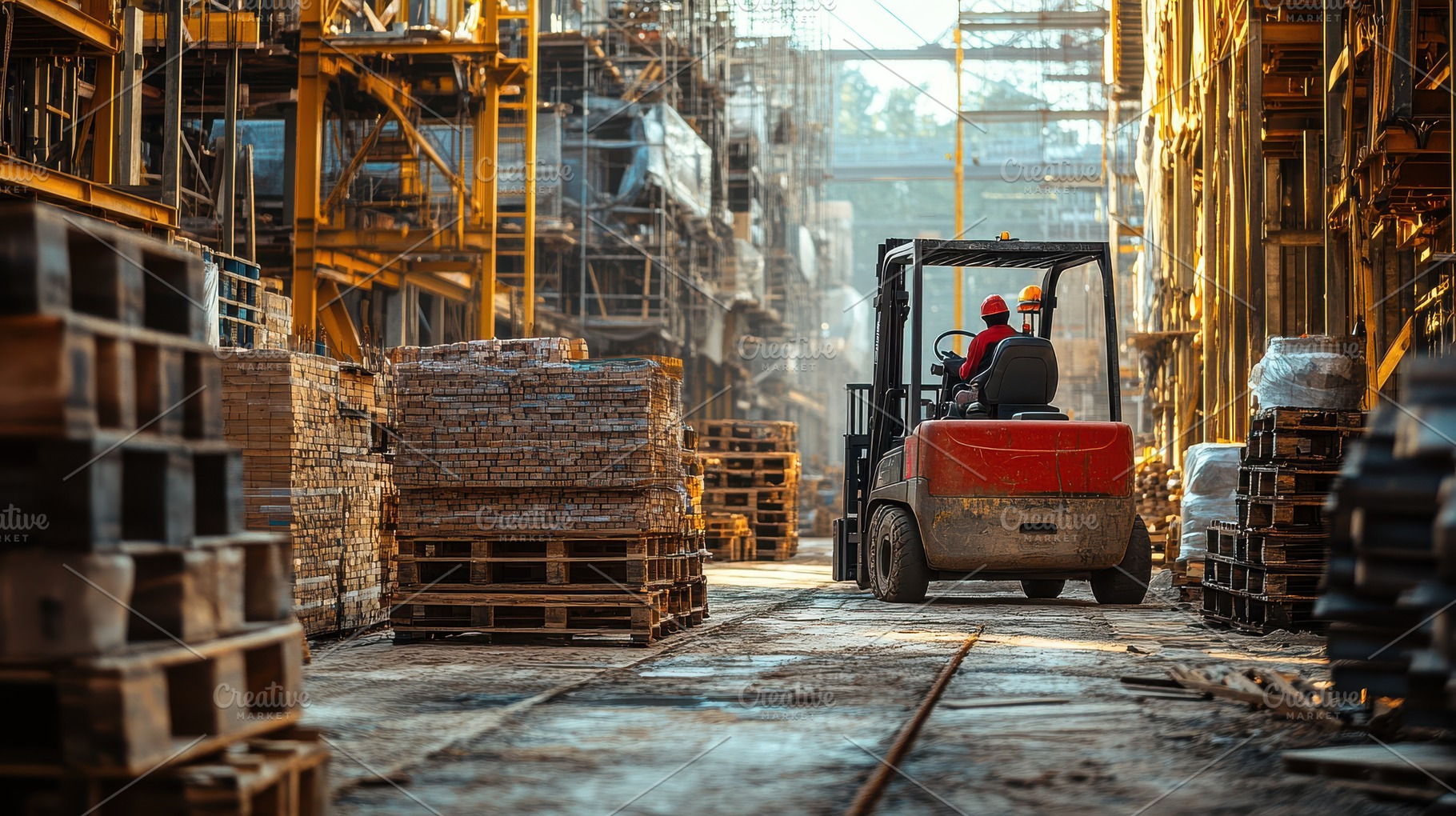 Forklift in a busy industrial settin, a Background Photo by Pixeness