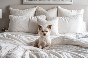 Dog on bed with white sheets