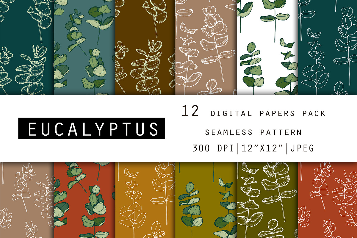 Eucalyptus Digital Paper Pack, a Pattern Graphic by Hand drawn Boutique (Photo 1 of 9)