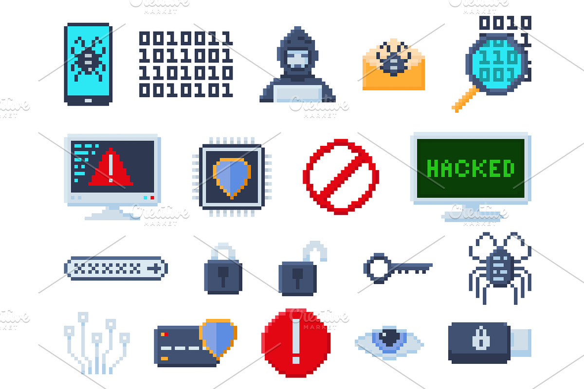 Pixel art cybersecurity icons, a Technology Illustration by winwin.art