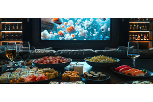 Luxury home cinema with sushi and, a Food & Drink Photo by piter.goskov