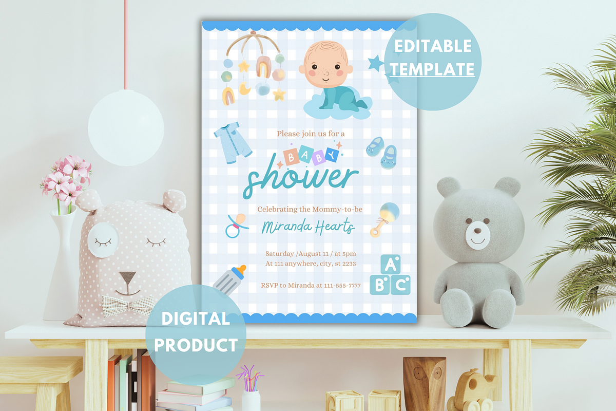 Blue Baby Shower Invitation Template, an Invitation Template by SimoDigitalArt (Photo 2 of 10)