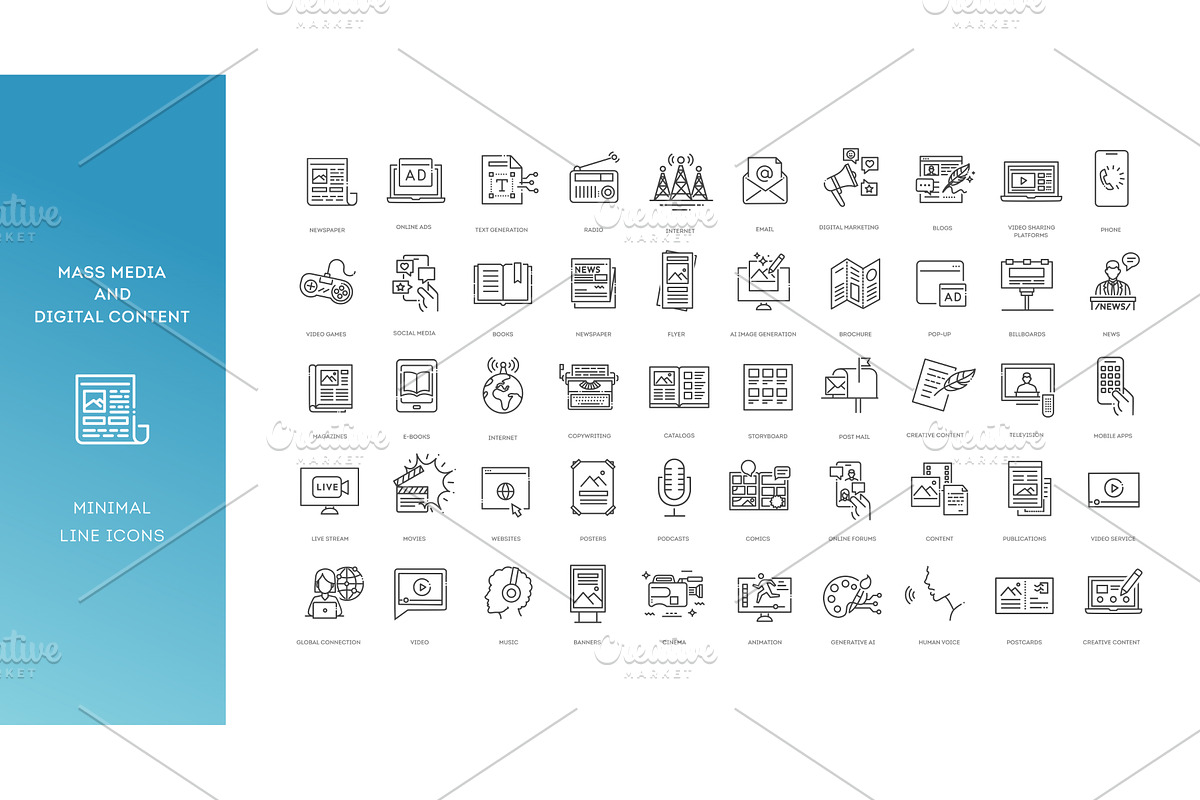 Mass Media and Digital Content icons, an Outline Icon by Tettygreen (Photo 1 of 2)