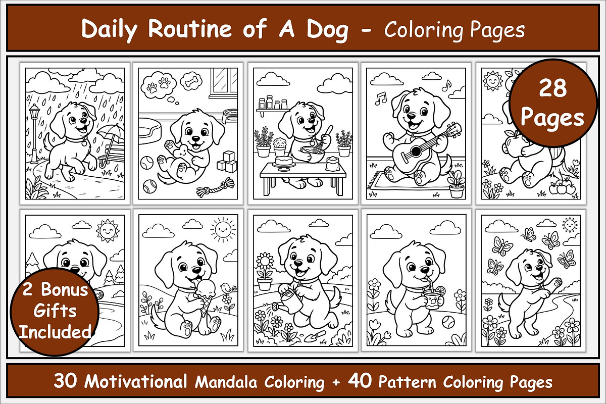 Dog Daily Routine Coloring Pages, an Animal Illustration by Lamia Emad (Photo 1 of 5)