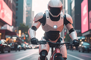 Humanoid robot riding bicycle confidently through illuminated ci, a Technology Photo by GoodGoods