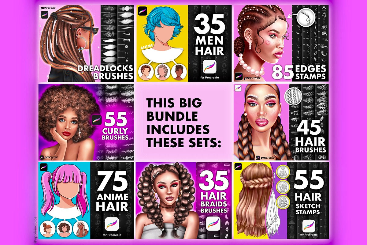 Procreate Hair braids face brushes, a Brush Add-On by AppleinaJuice (Photo 2 of 11)