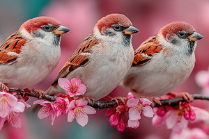 Three Sparrows Sitting on Cherry Blossom Branch with Pink Spring, a Nature Photo by José Manuel Gelpi