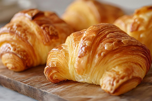 Freshly baked golden croissants arranged on a wooden board, disp, a Food & Drink Photo by ImageMir