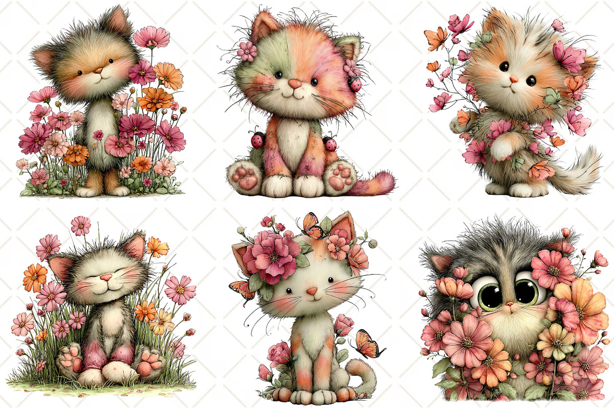 Whimsical Spring Cat Clipart, an Illustration by Black Bird Studio (Photo 3 of 5)