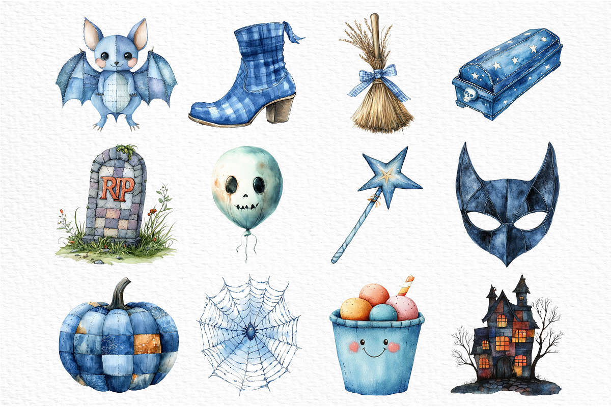 Watercolor Blue Patchwork Halloween, an Illustration by Craft Nest (Photo 4 of 6)