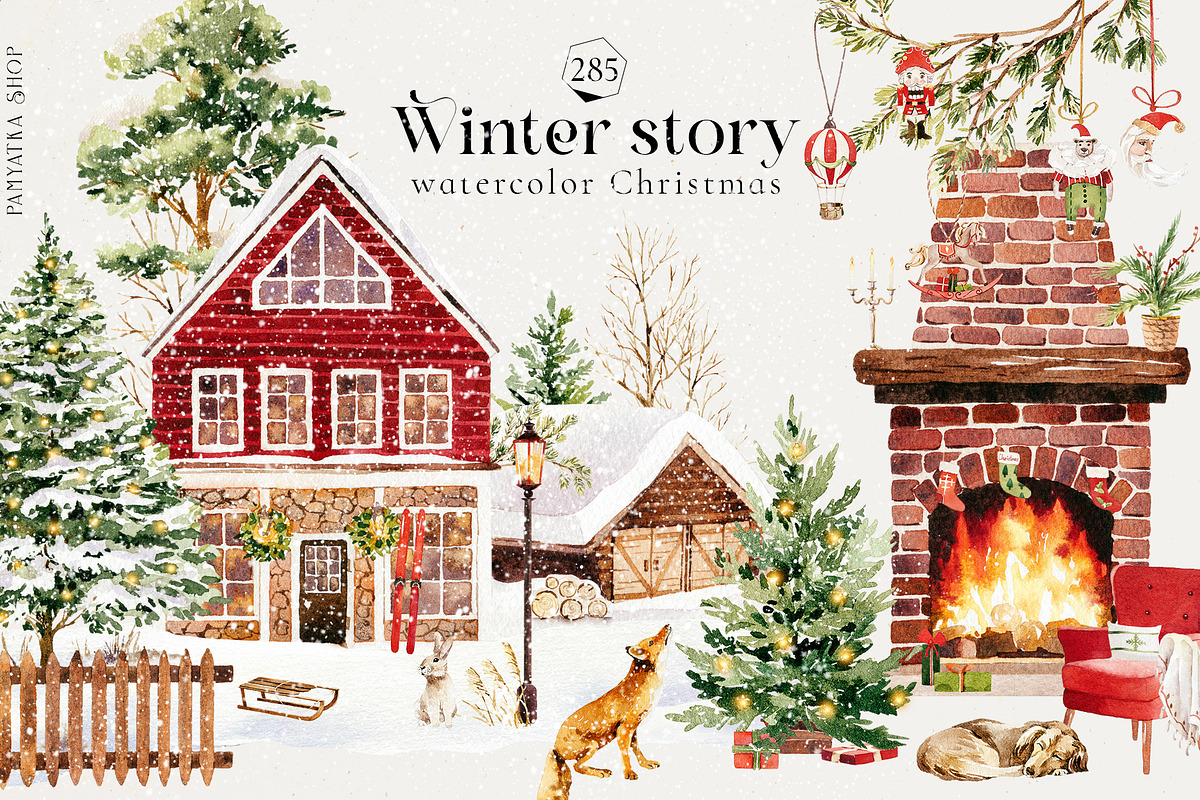 Winter story-watercolor Christmas, a Seasonal Illustration by Pamyatka Shop (Photo 1 of 27)