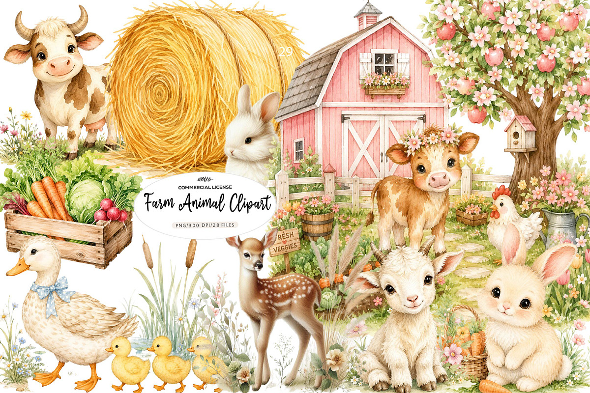 Farm Animal Clipart - Watercolor, a Seasonal Illustration by CreationArt (Photo 1 of 7)