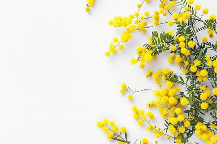 Mimosa flowers with copyspace for text on white background, a Nature Photo by AlyaAnd