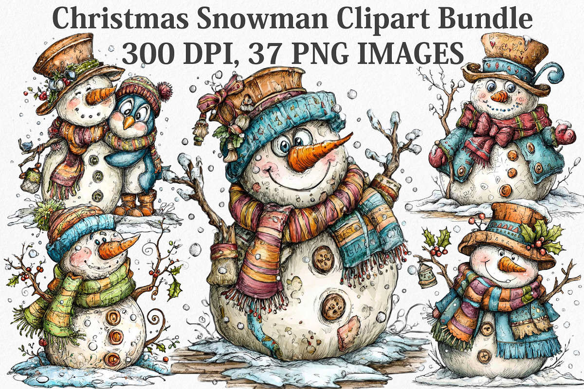 Christmas Snowman Clipart Bundle, an Illustration by Canvas Craft (Photo 1 of 7)