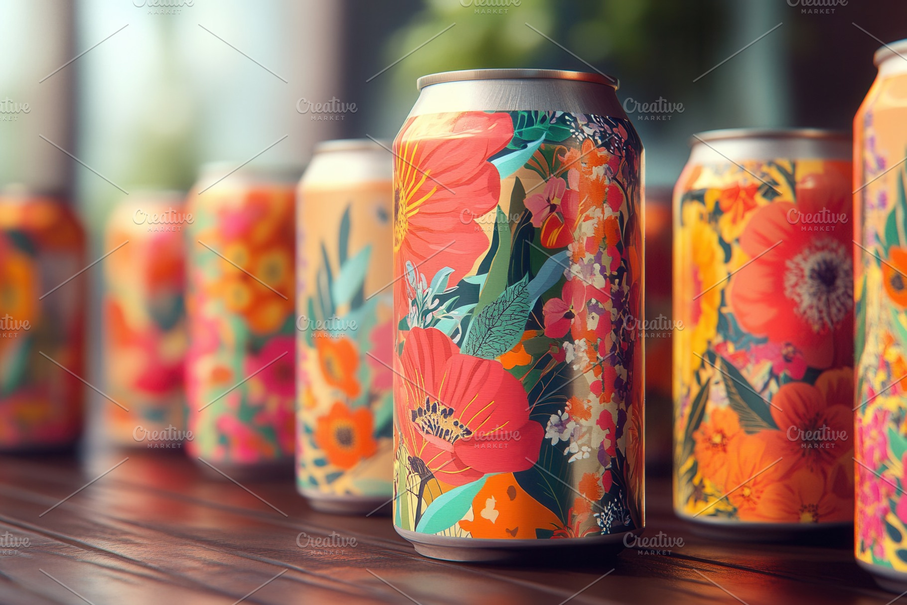 Floral cans for trendy beverages, a Photo by Pavel_design