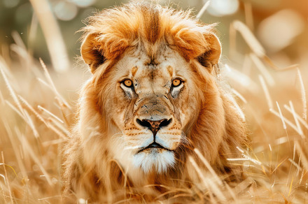 Close-up of a majestic lion with a fierce gaze, sitting in golden grass under w, an Animal Photo by Mashimara
