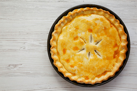 A Piece of Chicken Pot Pie on a white wooden surface, top view., a Food & Drink Photo by LiudmylaChuhunova
