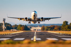 Airplane taking off from runway under blue sky, a Transportation Photo by AlyaAnd