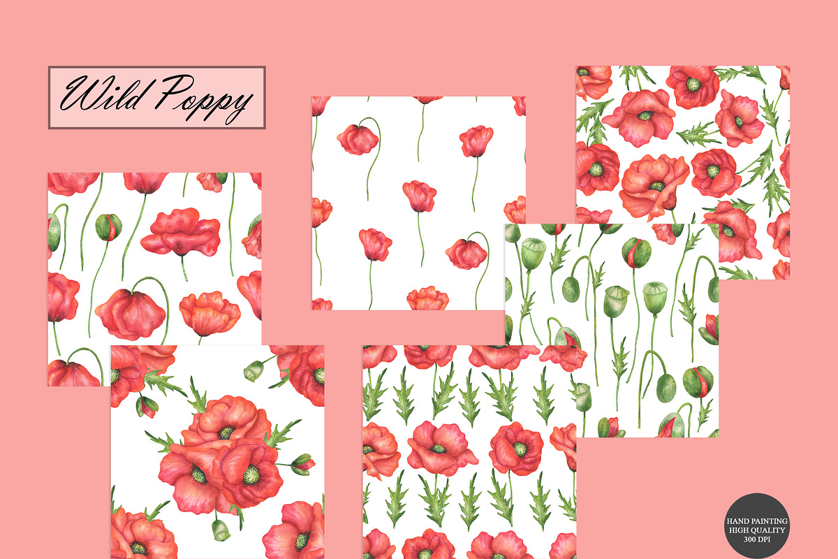 Watercolor Poppy Seamless Patterns, an Illustration by OlDm_Shop (Photo 8 of 10)